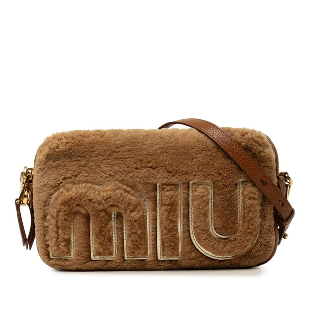 Miu Miu Miu Logo Montone Letter Crossbody Shoulder Bag, Brown Leather, Shearl...